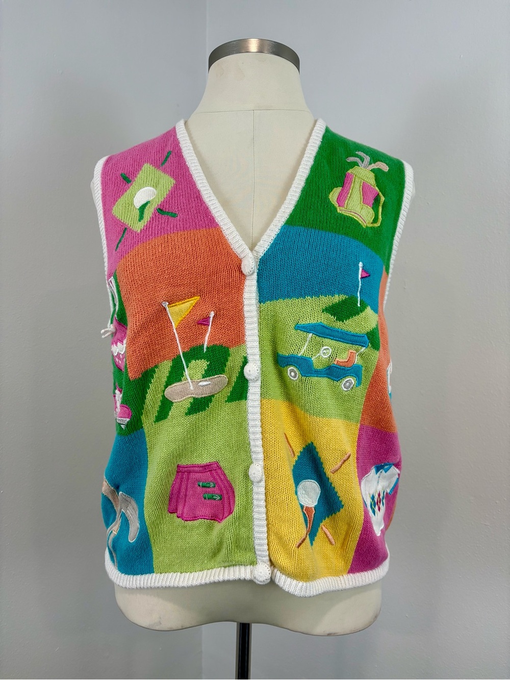 Vintage 1990s Golf-Themed Multicolor Knit Vest